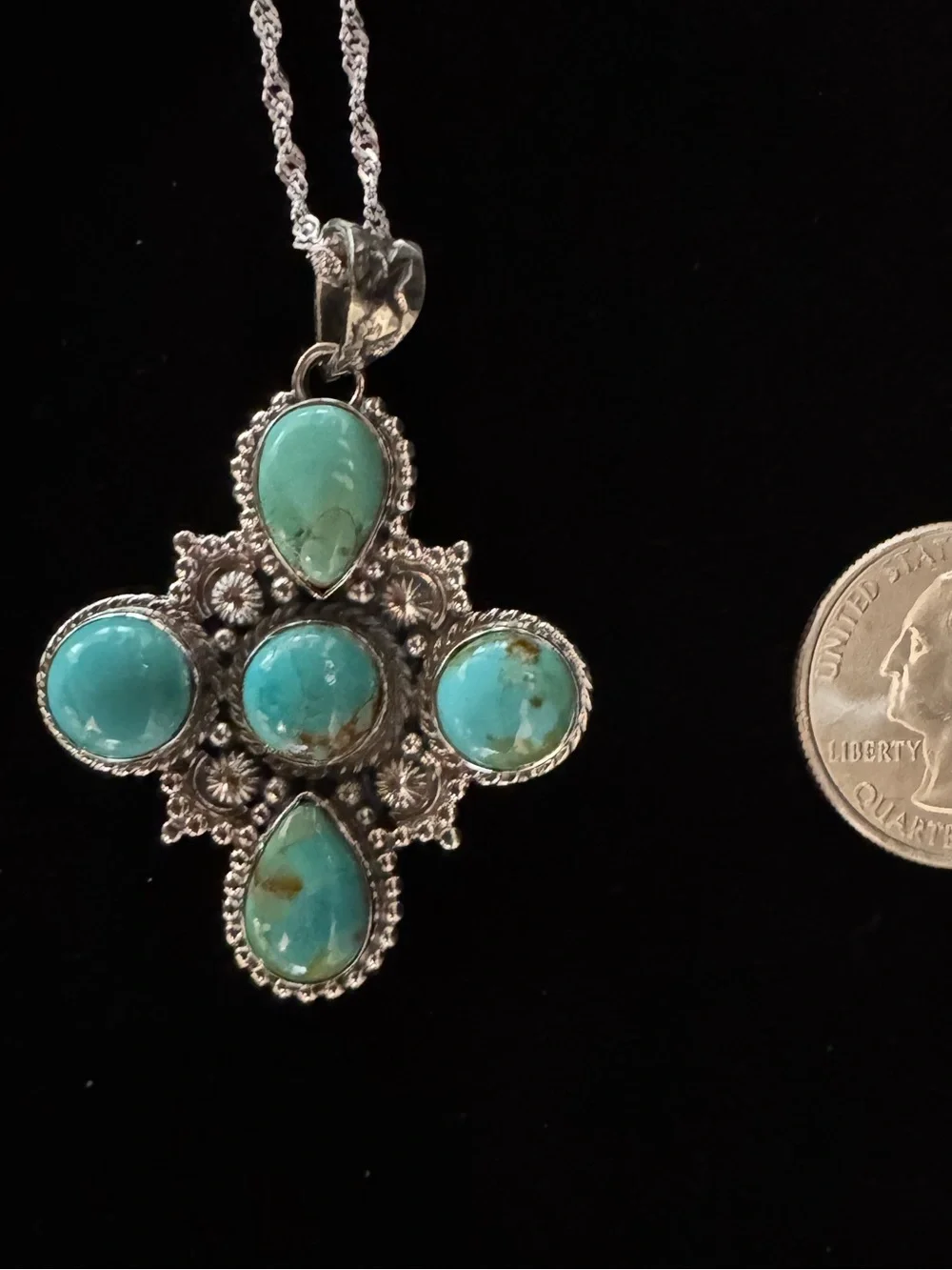 Beautiful Kingman Turquoise Stone Cross Pendant Necklace sterling‎ silver